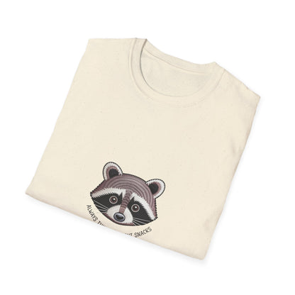 Hilarious Raccoon "Always Thinking About Snacks" Embroidered T-Shirt | Adorable Animal Lover Gift Tee