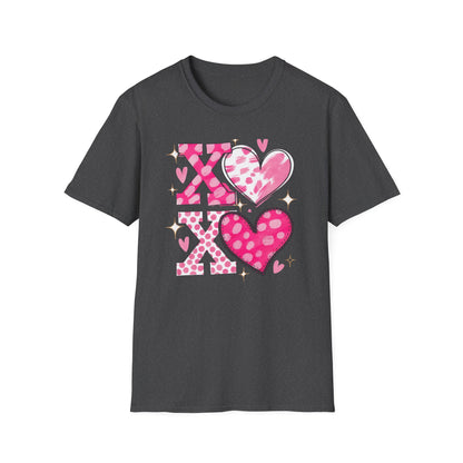 Sparkling XOXO Love Hearts T-Shirt | Chic Pink Polka Dot & Brushstroke Tee | Perfect Valentine's Day & Everyday Wear