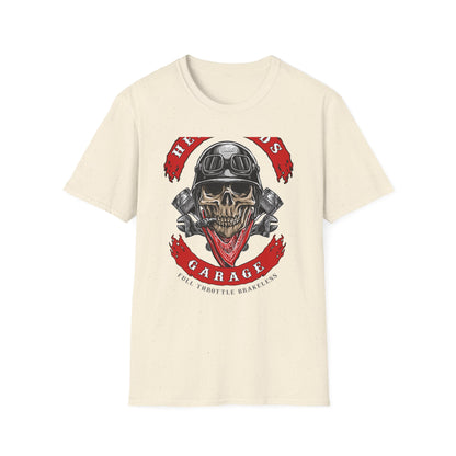Epic Biker Skull T-Shirt: Hellroads Garage Full Throttle Design - Vintage Mechanic & Hot Rod Tee