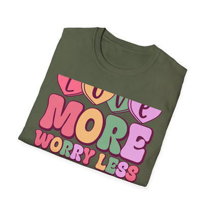 Retro Love More Worry Less T-Shirt - Groovy Candy Hearts & Positive Message Tee for Women & Teens | Inspiring Vibes