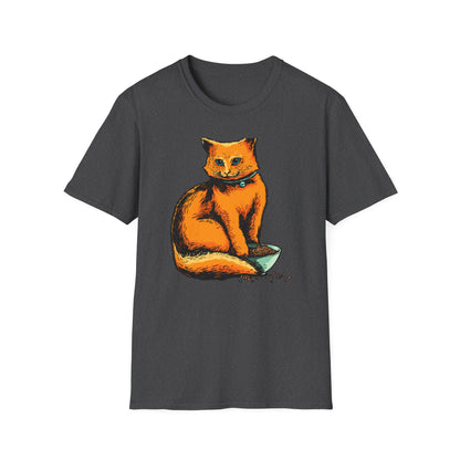Vibrant Orange Cat & Food Bowl T-Shirt | Adorable Blue-Eyed Feline Lover Tee | Unique Pet Owner Gift Idea
