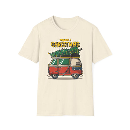 Retro Christmas Van T-Shirt | Awesome Holiday Tree & Skateboard VW Bus Tee | Unique Vintage Xmas Apparel Gift