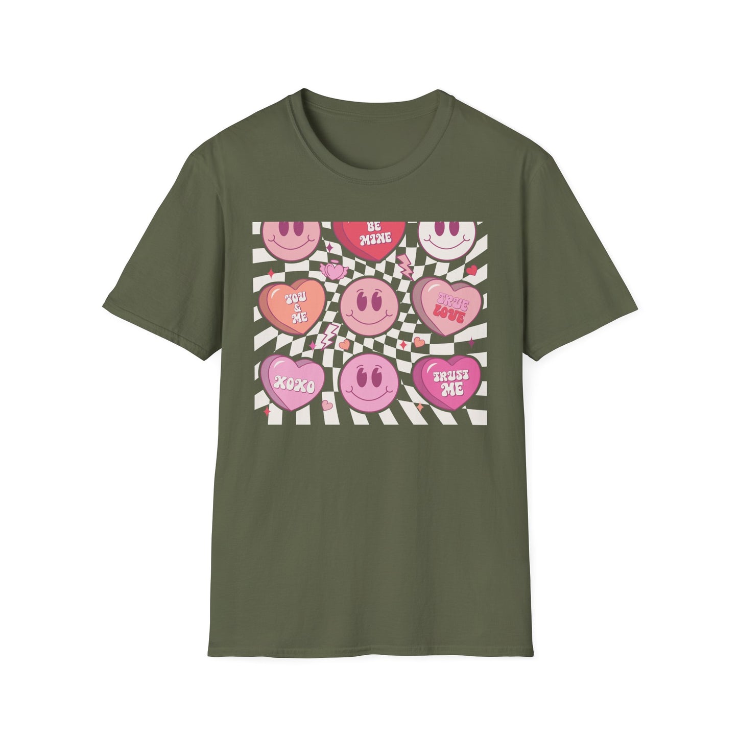 Groovy Retro Valentine's T-Shirt | Adorable Conversation Heart & Smiley Face Design | Trendy Love Core Aesthetic Tee