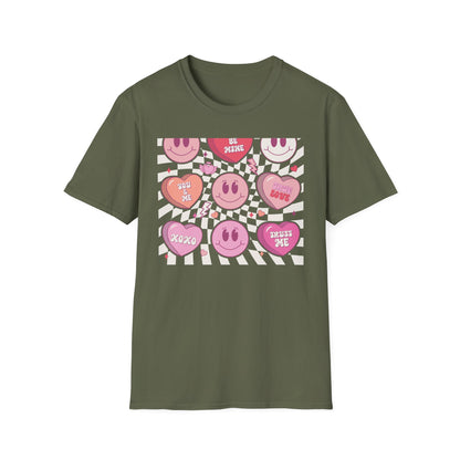 Groovy Retro Valentine's T-Shirt | Adorable Conversation Heart & Smiley Face Design | Trendy Love Core Aesthetic Tee