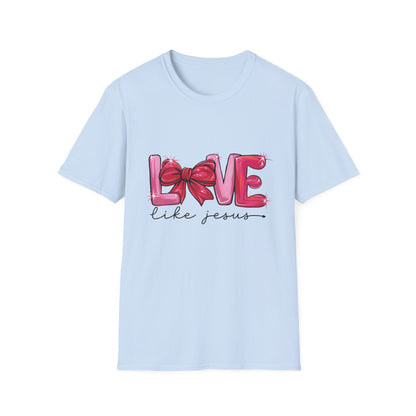 Sparkling LOVE Like Jesus T-Shirt | Vibrant Pink Bow Faith Tee | Women's Christian Inspirational Gift