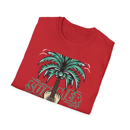 Vibrant Summer Guitar T-Shirt: Cool Palm Tree & Acoustic Beach Tee | Essential Music Lover Vacation Shirt