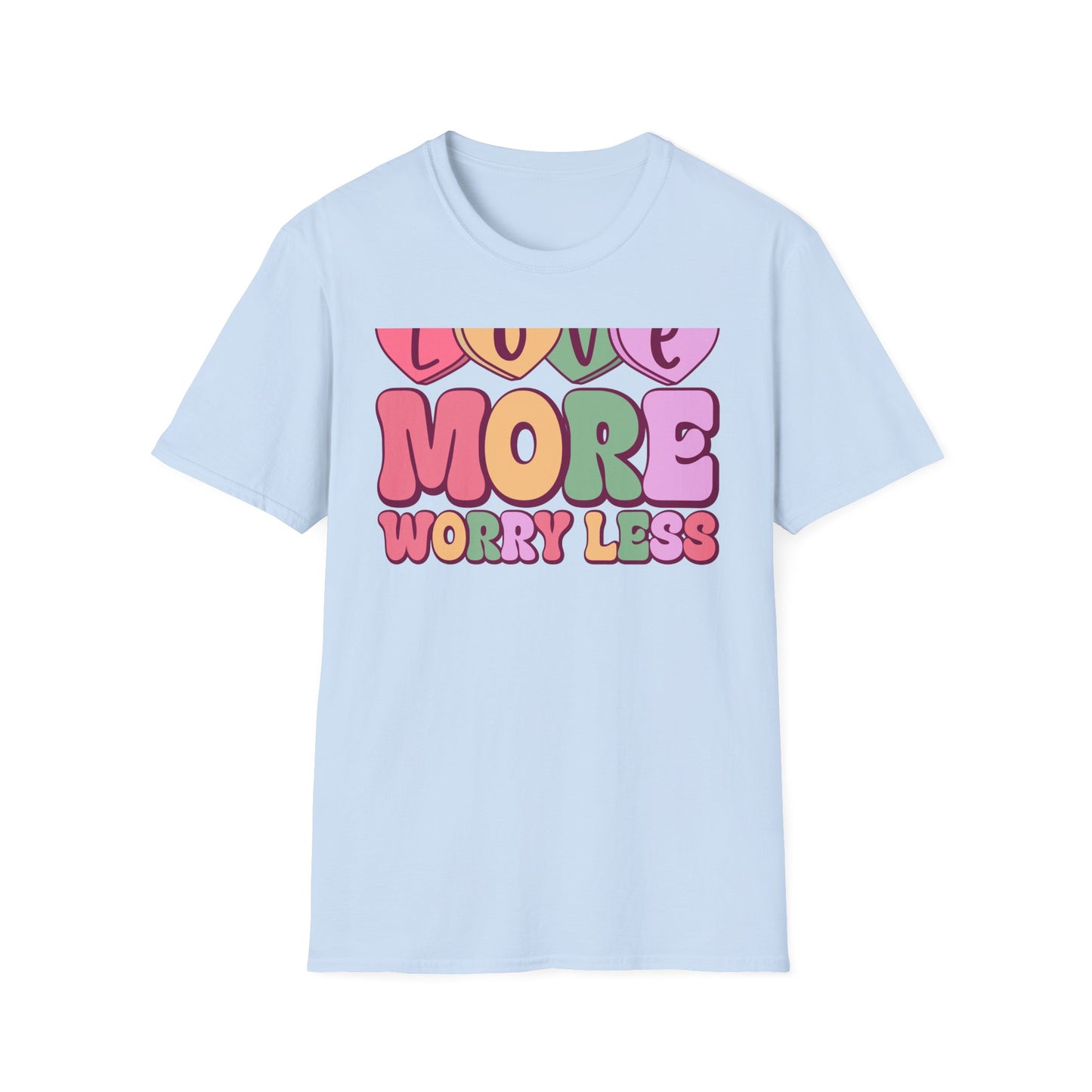 Retro Love More Worry Less T-Shirt - Groovy Candy Hearts & Positive Message Tee for Women & Teens | Inspiring Vibes