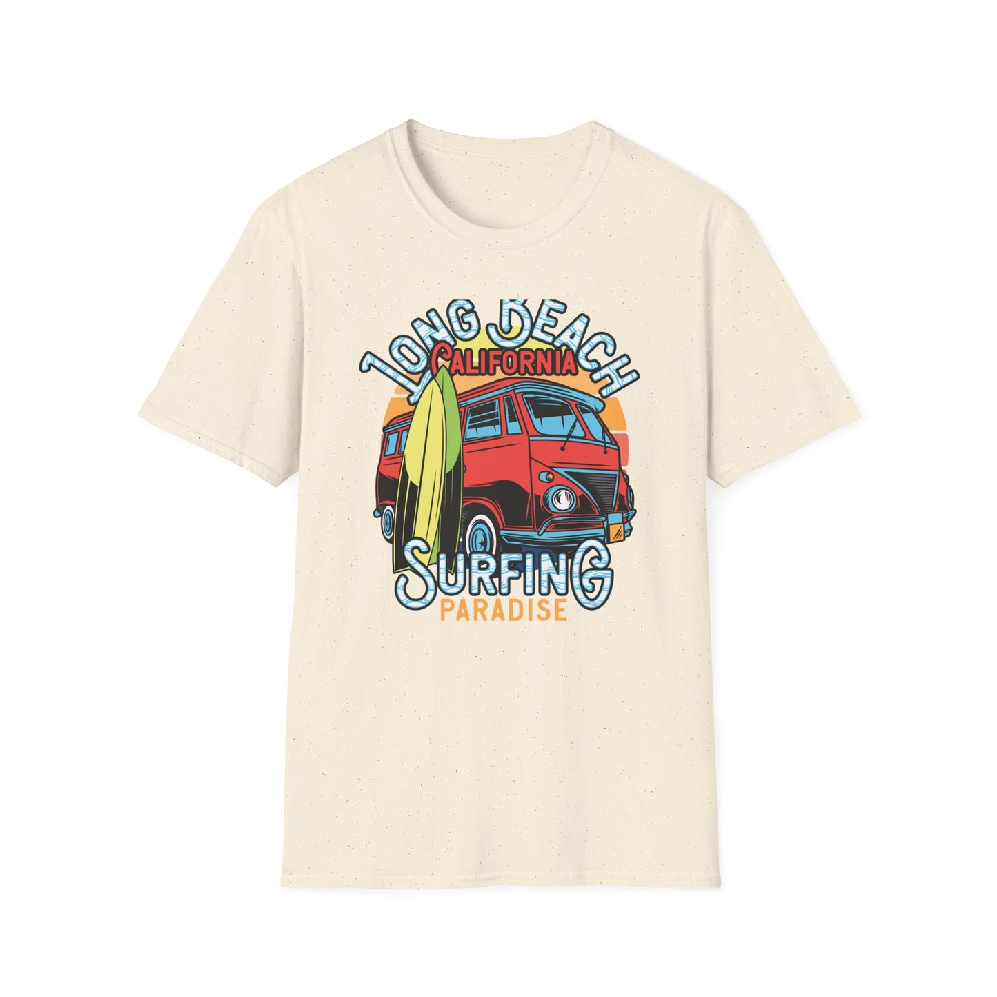 Vintage Long Beach California Surfing Paradise T-Shirt | Retro VW Bus & Surfboard Beach Lover Tee | Cool Summer Vacation Gift