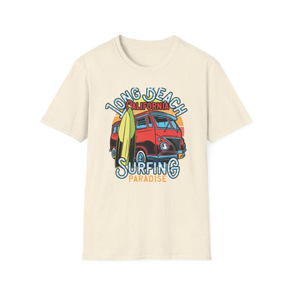 Vintage Long Beach California Surfing Paradise T-Shirt | Retro VW Bus & Surfboard Beach Lover Tee | Cool Summer Vacation Gift