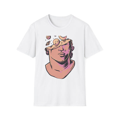Explore Your Mind's Universe: Celestial Greek Bust T-Shirt | Artistic Cosmic Thoughts Graphic Tee | Unique Planet & Moon Design for Thinkers