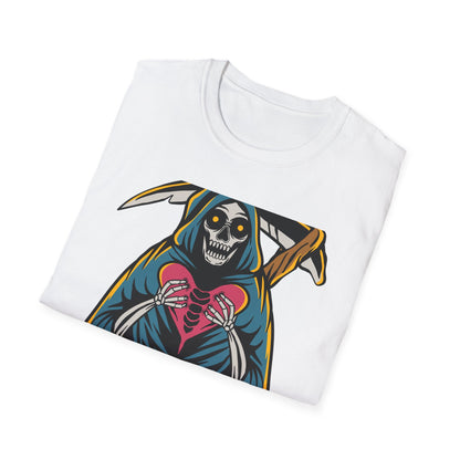 Bold Grim Reaper Heart T-Shirt | Unique Gothic Skeleton Love Tee | Edgy Macabre Statement Apparel