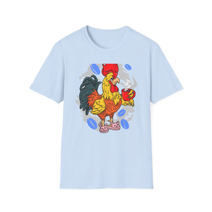 Hilarious Coffee Rooster T-Shirt for Early Birds & Coffee Lovers | Charming Morning Wake-Up Tee with Bunny Slippers | Unique Gift