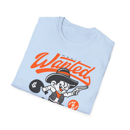 Most Wanted Urban Outlaw T-Shirt | Edgy Rebel Streetwear Tee with Cowboy, Gun & Money Bag Design. Unstoppable Style!
