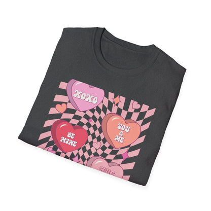 Groovy Conversation Hearts T-Shirt | Y2K Aesthetic Wavy Checkerboard Valentine's Day Tee | Adorable Retro Love Gift