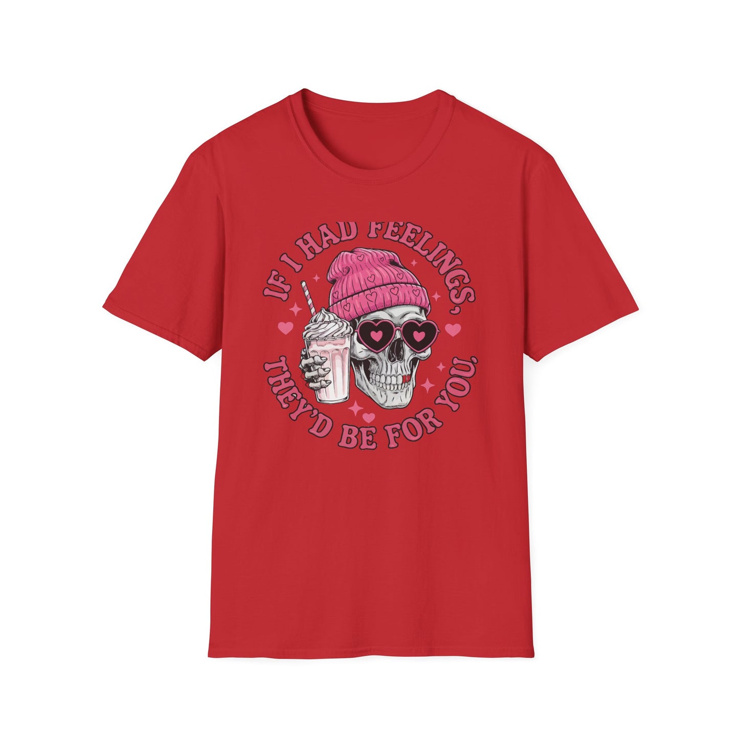 Sassy Skull Feelings T-Shirt - Trendy Pink Beanie & Heart Glasses Milkshake Tee | Funny Anti-Valentine's Edgy Humor Gift