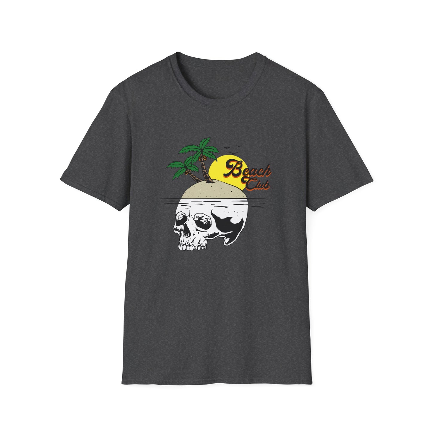 Skull Island Beach Club T-Shirt | Unique Tropical Retro Summer Vacation Tee | Edgy Palm Tree Sunset Graphic