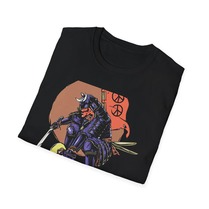 Bold Samurai Skater T-Shirt | Epic Japanese Warrior on Skateboard with Peace Sign Graphic Tee