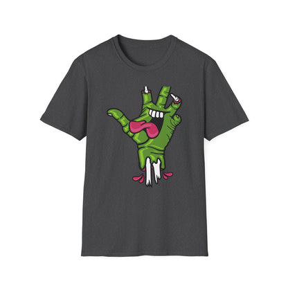 Groovy Zombie Hand T-Shirt with Smiling Monster Face | Spooky Halloween Rock On Tee | Creepy Fun Apparel