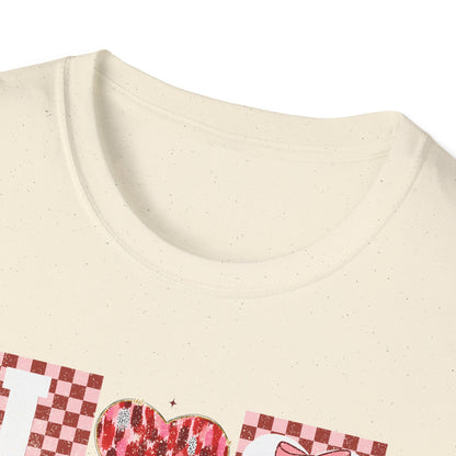 Chic "I Love You" Heart & Bow T-Shirt - Unique Distressed Checkered Design for Valentine's Day & Romantic Gifts for Her