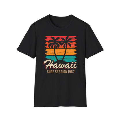 Awesome Vintage Hawaii Surf Session 1987 T-Shirt | Retro Palm Tree Beach Sunset Tee for 80s Style