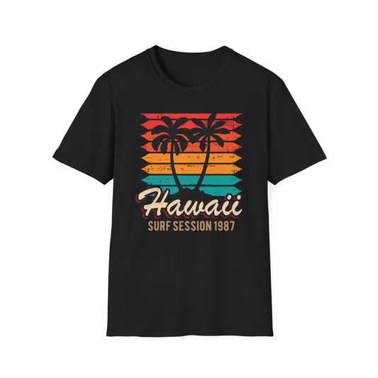 Awesome Vintage Hawaii Surf Session 1987 T-Shirt | Retro Palm Tree Beach Sunset Tee for 80s Style