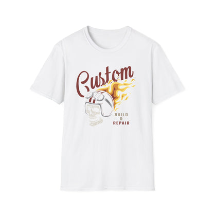 Custom Build & Repair T-Shirt | Vintage Biker Skull Flames Tee | Iconic Mechanic & Hot Rod Enthusiast Apparel