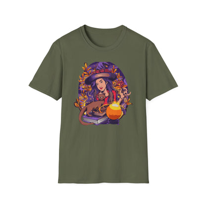 Enchanting Mystical Witch T-Shirt | Women's Fantasy Magic Tee with Cat, Crystal Ball & Roses | Awesome Gift