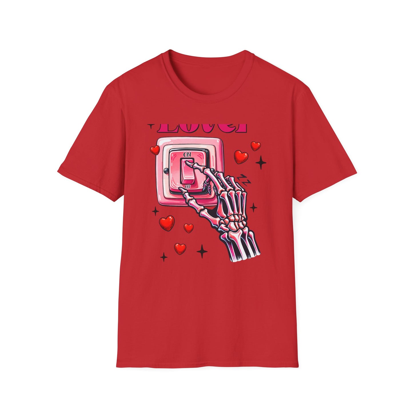 Unique Lover T-Shirt | Edgy Skeleton Hand & Love Switch Graphic Tee | Romantic Valentine's Day Statement Gift