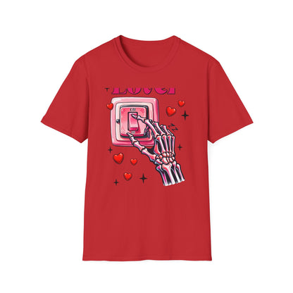 Unique Lover T-Shirt | Edgy Skeleton Hand & Love Switch Graphic Tee | Romantic Valentine's Day Statement Gift