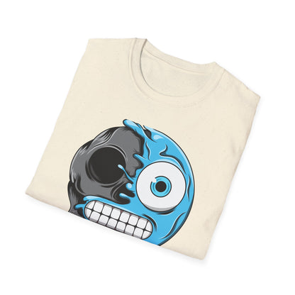 Epic Melting Skull & Blue Cartoon Split Face T-Shirt | Unique Edgy Graphic Tee for Streetwear & Art Lovers