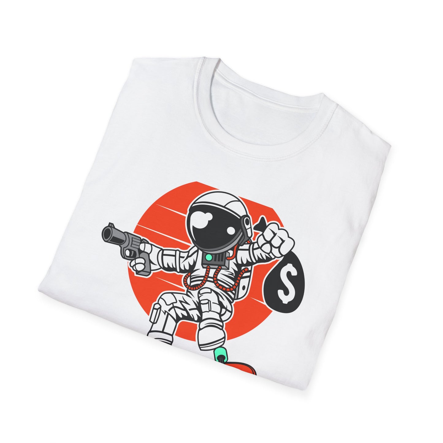 Epic Astronaut Skater T-Shirt: Cosmic Rebel with Cash & Gun | Unique Streetwear Space Outlaw Graphic Tee