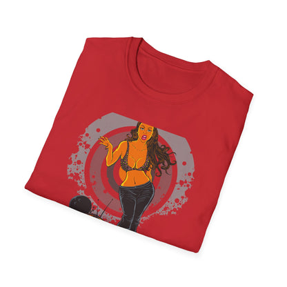Edgy Retro Pin-Up Girl & Cracked TV Bowling T-Shirt | Bold Pop Art Vibe Women's Tee | Unique Vintage Statement Gift