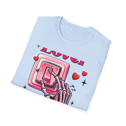 Unique Lover T-Shirt | Edgy Skeleton Hand & Love Switch Graphic Tee | Romantic Valentine's Day Statement Gift