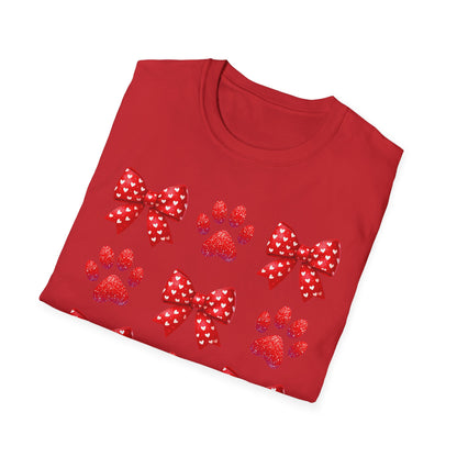 Charming Pet Love T-Shirt: Red Heart Bows & Glitter Paw Prints | Valentine's Day Animal Lover Tee