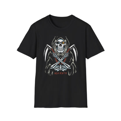 Epic Grim Reaper T-Shirt: Skull & Scythes Design. Bold Gothic Halloween Tee for Men & Women. Unleash Your Inner Darkness!