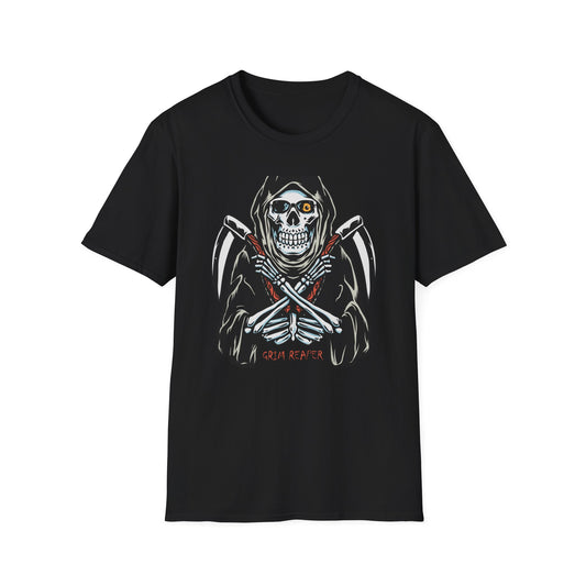 Epic Grim Reaper T-Shirt: Skull & Scythes Design. Bold Gothic Halloween Tee for Men & Women. Unleash Your Inner Darkness!