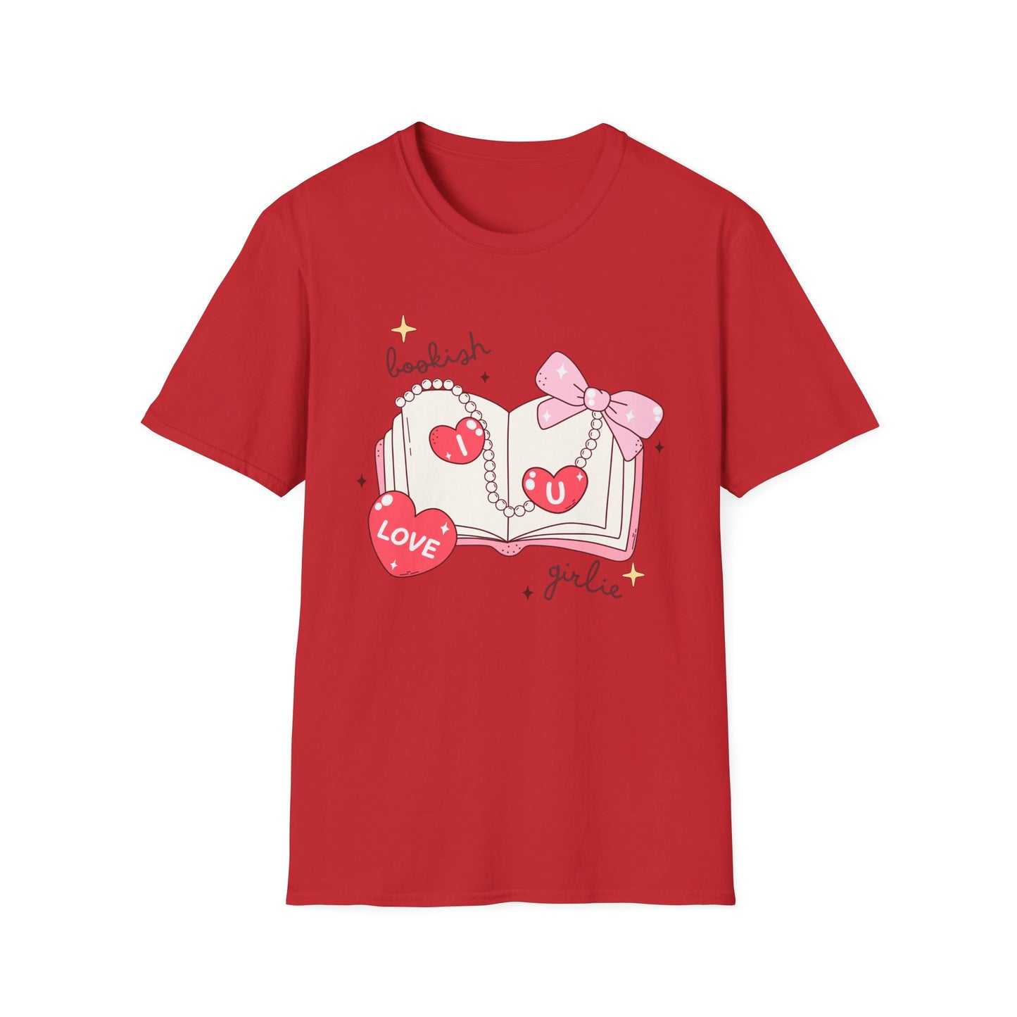Sweet Bookish Girlie T-Shirt: 'I Love You' Hearts, Pearl Necklace & Pink Bow Design | Perfect Romantic Gift for Book Lovers