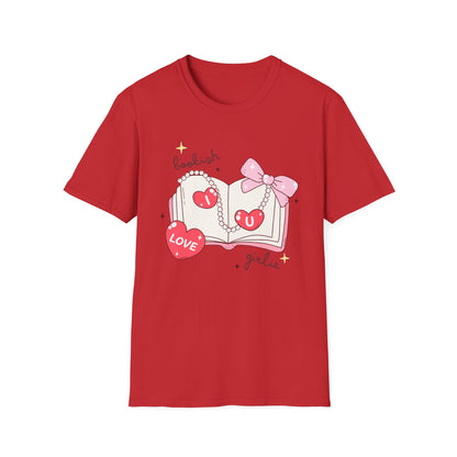 Sweet Bookish Girlie T-Shirt: 'I Love You' Hearts, Pearl Necklace & Pink Bow Design | Perfect Romantic Gift for Book Lovers