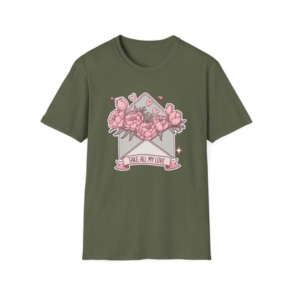 Charming 'Take All My Love' Floral T-Shirt - Romantic Peony & Tulip Envelope Tee | Sweet Valentine's Day Gift for Her