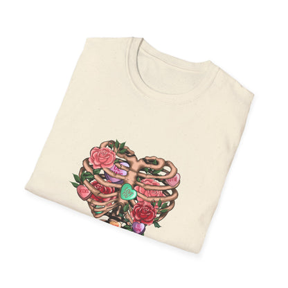 Captivating Anatomical Love Rib Cage T-Shirt - Edgy Floral Valentine's Day Conversation Hearts Tee for Unique Romance