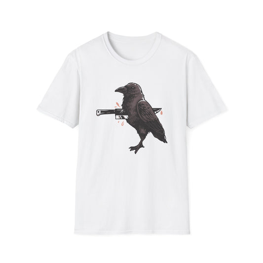 Bold Stabbed Raven T-Shirt - Unique Gothic Crow Design. Embrace Dark Aesthetics with this Edgy Statement Tee!