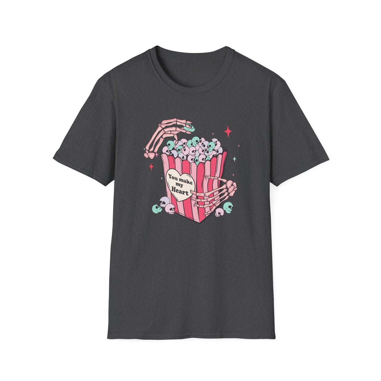 Spooky-Cute 'You Make My Heart' Skull Popcorn T-Shirt - Pastel Goth Love Tee Gift