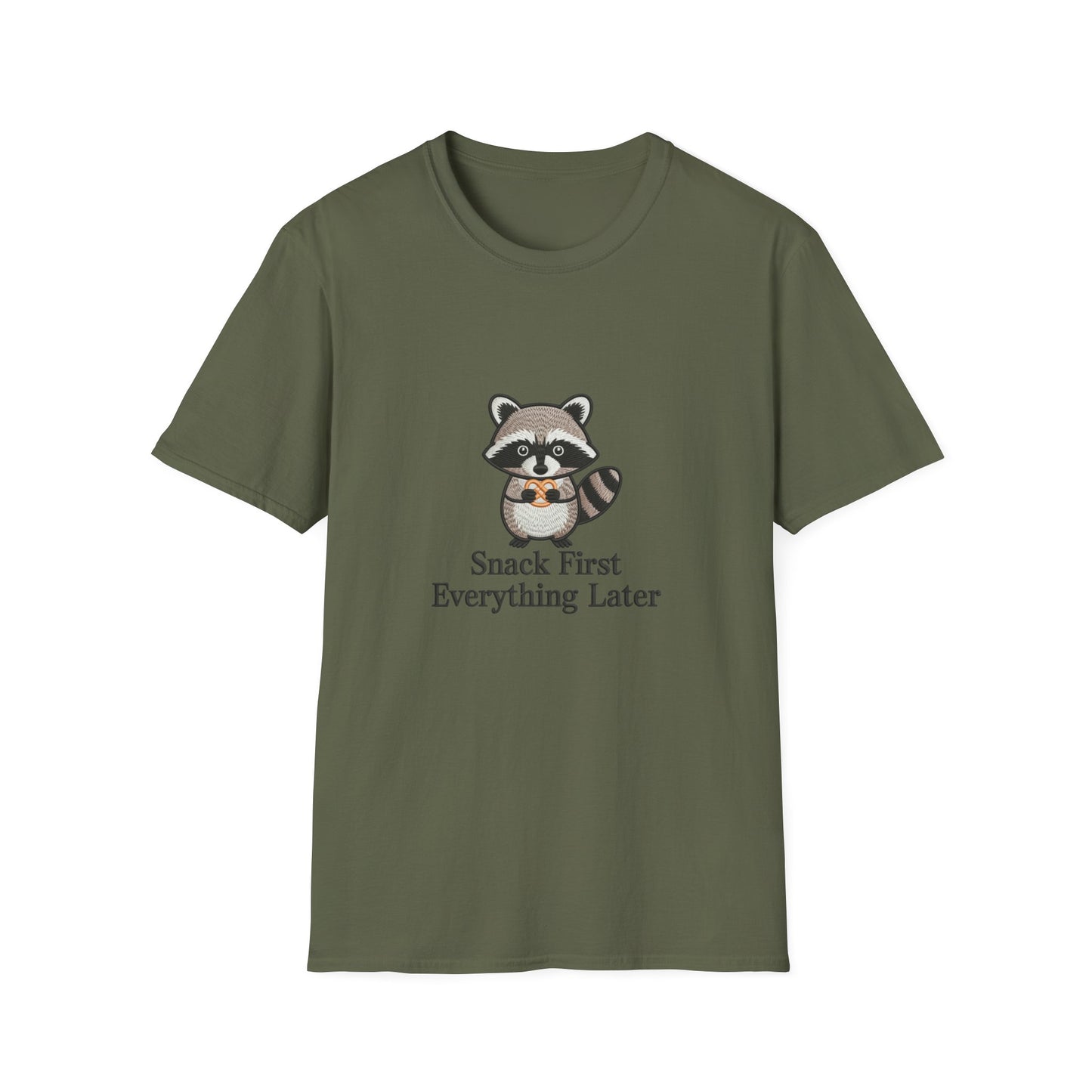 Cute Raccoon Pretzel T-Shirt - "Snack First Everything Later" Funny Foodie Animal Tee | Hilarious Comfort Lover Gift