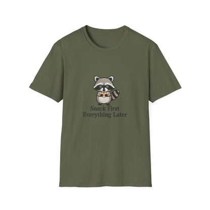 Cute Raccoon Pretzel T-Shirt - "Snack First Everything Later" Funny Foodie Animal Tee | Hilarious Comfort Lover Gift
