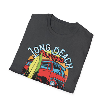 Vintage Long Beach California Surfing Paradise T-Shirt | Retro VW Bus & Surfboard Beach Lover Tee | Cool Summer Vacation Gift