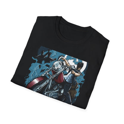 Epic Zombie Apocalypse Hunter T-Shirt - Fearless Biker Survival Horror Tee for Gamers & Fans - Thrilling Crossbow Rider Design