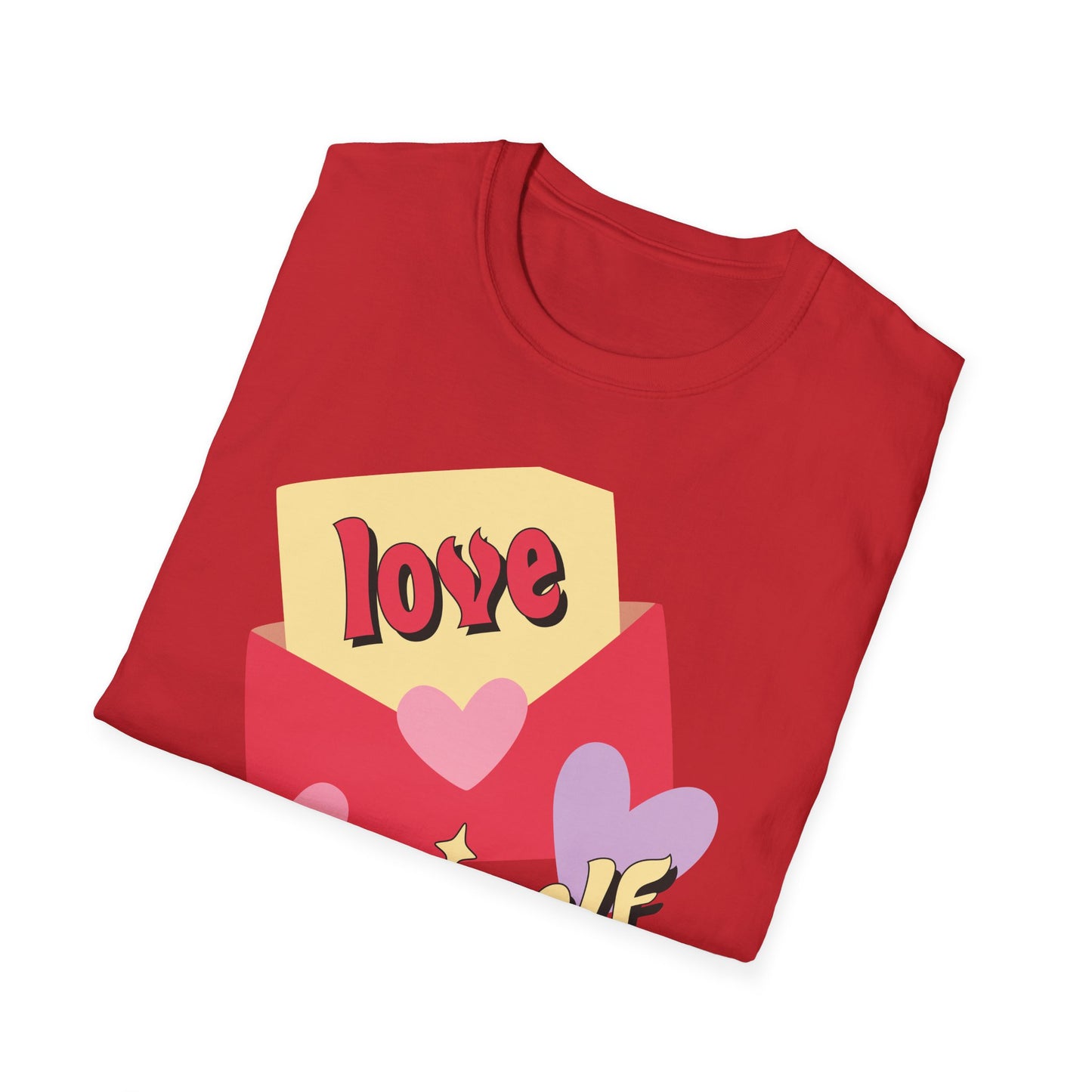 Empowering "Love Yourself" Retro T-Shirt | Chic Self-Care Message Tee | Adorable Hearts & Love Letter Design for Women
