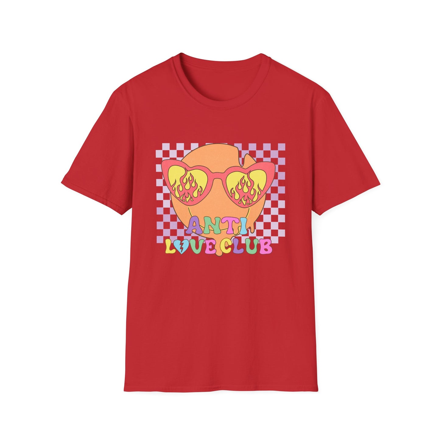 Unapologetic Anti Love Club T-Shirt | Edgy Broken Heart & Flame Sunglasses Tee | Retro Y2K Groovy Apparel