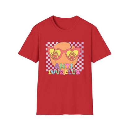 Unapologetic Anti Love Club T-Shirt | Edgy Broken Heart & Flame Sunglasses Tee | Retro Y2K Groovy Apparel