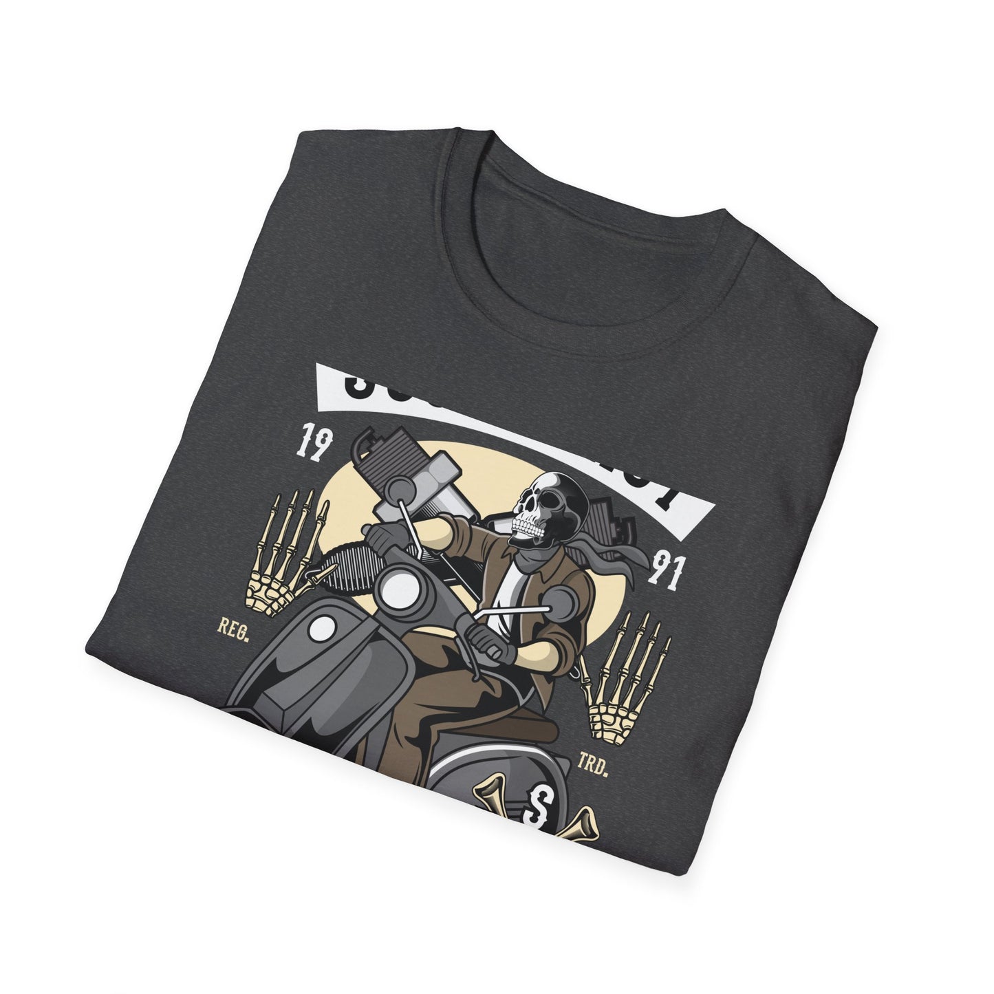 Bold Skull Scooterist T-Shirt | Vintage Biker Rider Tee for Men | Authentic Retro Old School Scooter & Crossbones Design